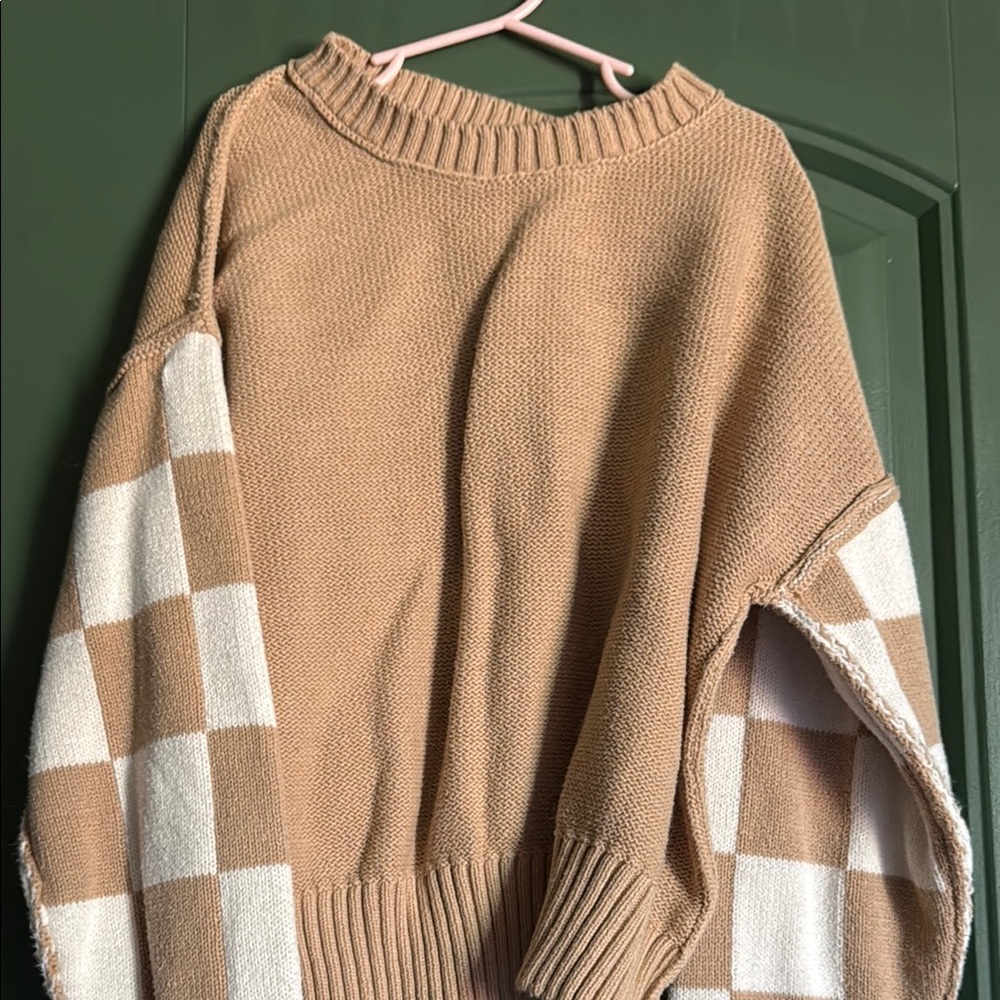 Cozy Tan and Cream Checkered Sweater